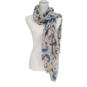 Floral and Paisley Rectangle Scraf Beige Brown Blue Raw Ends